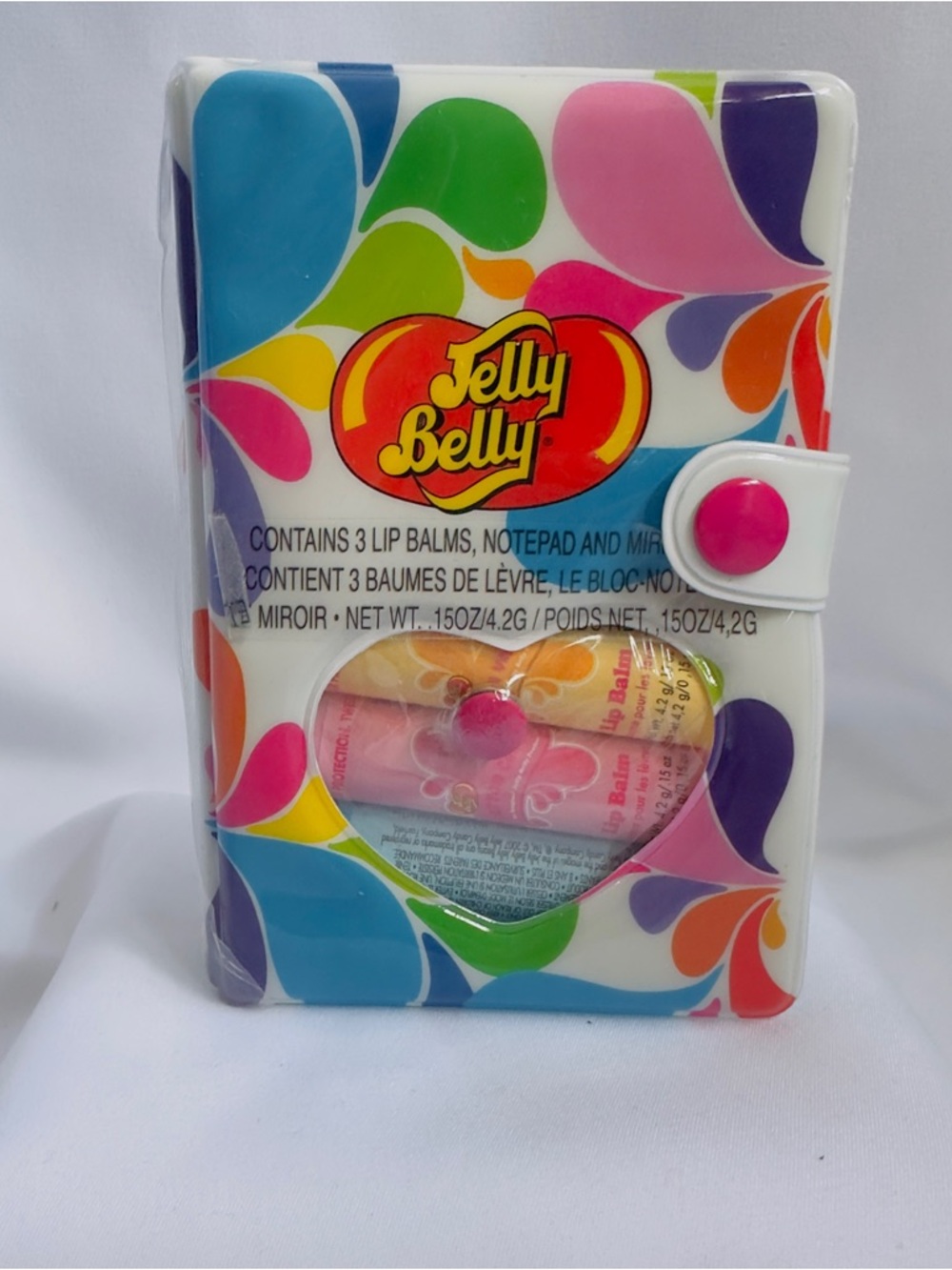 NIB Jelly Belly 3 Lip Balm, 1 Notepad & A Mirror Gift Set Lemon-Strawberry & Blu